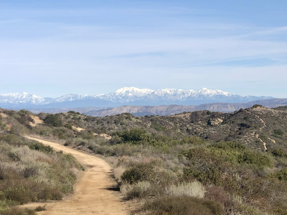 Auto-generated description: A dirt trail winds through a hilly landscape with snow-capped mountains in the distance under a clear blue sky.