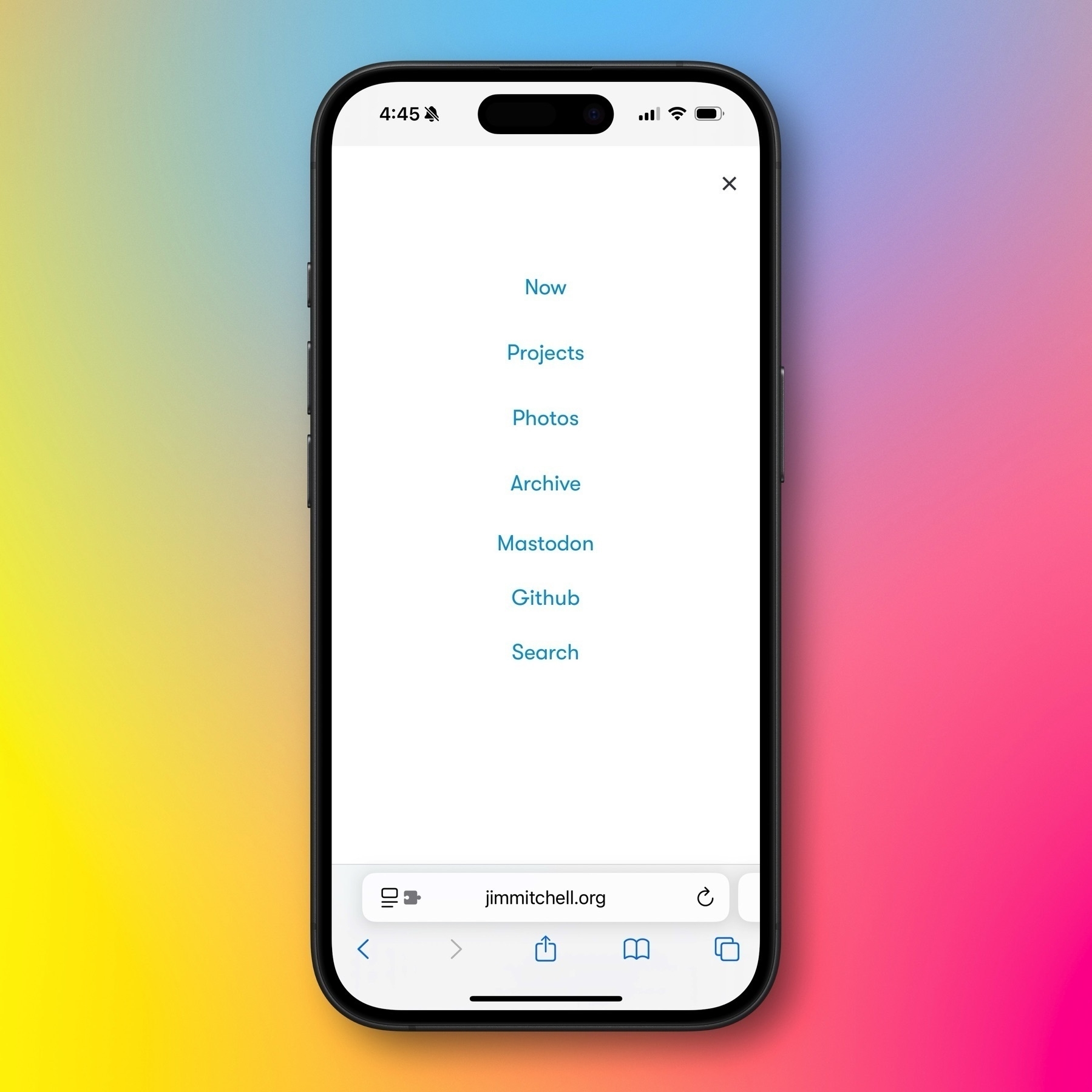 Auto-generated description: A smartphone displaying a minimalist website menu against a vibrant, colorful background.