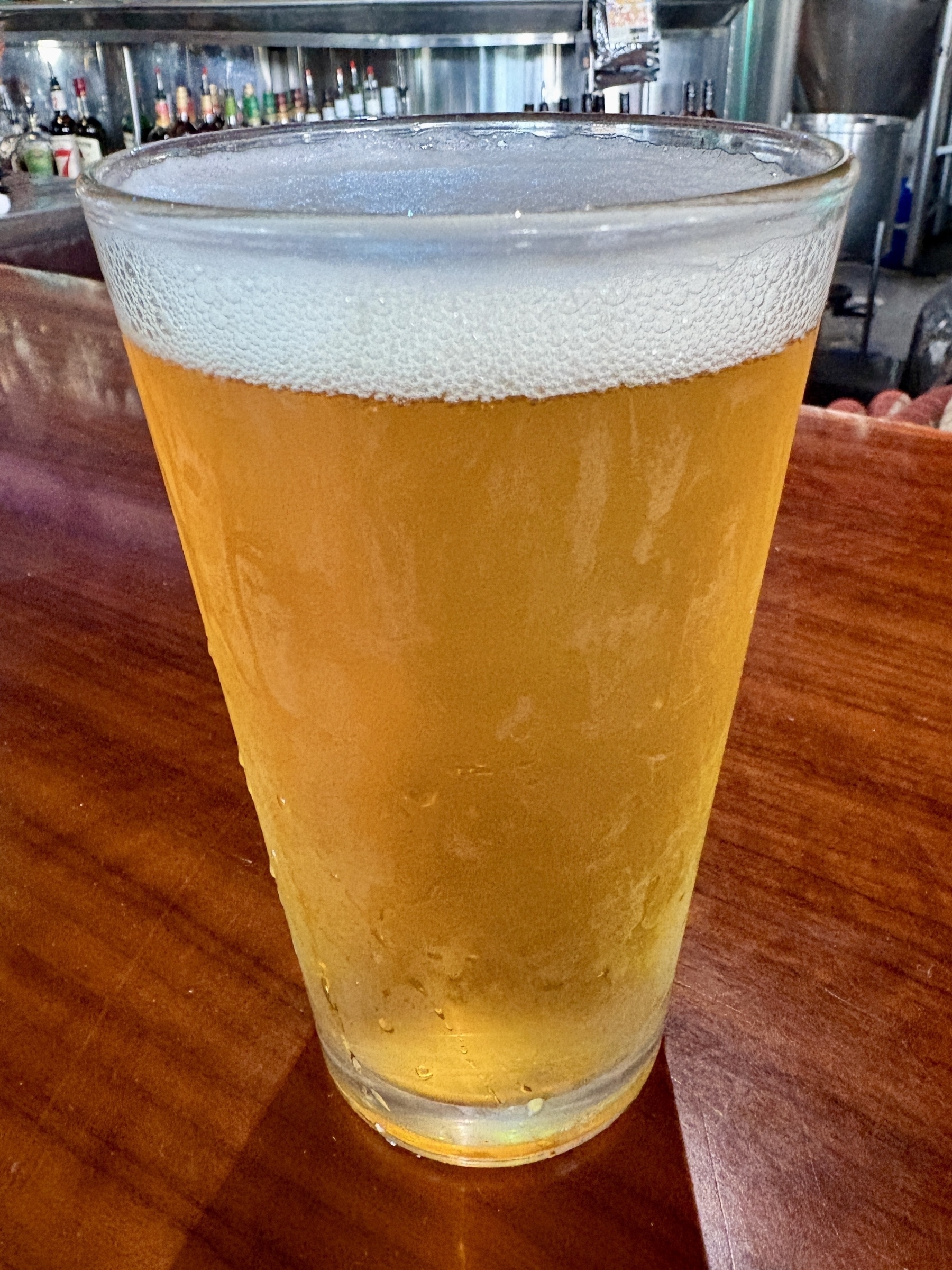A frosty pint of golden beer sits on a polished wooden bar.