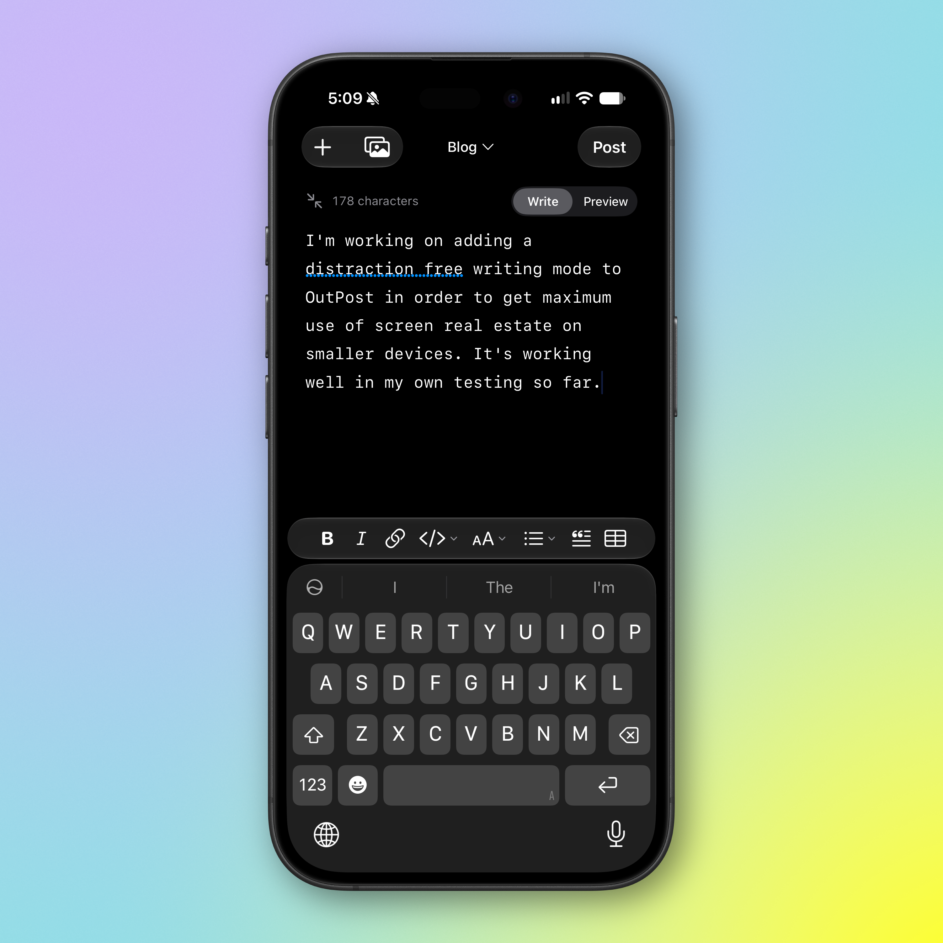 An iOS screenshot of the OutPost app showing the distraction free writing mode in action.