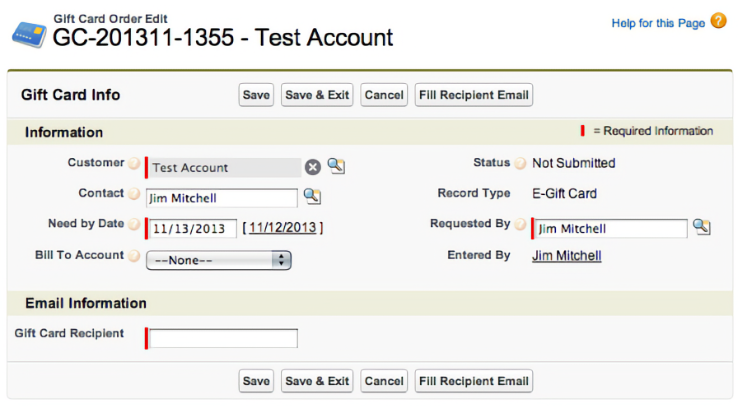 A digital form for editing a gift card order displays various fields such as customer details, order number, and email information.