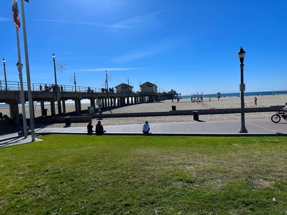 A sunny beach scene with a pier in the background, grass in the foreground, and people engaging in various activities such as sitting, walking, and biking.