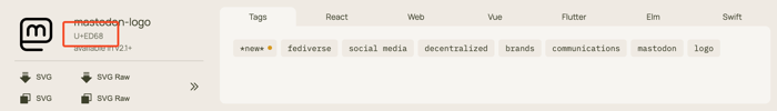A user interface displays various options for hte Phosphor Mastodon icon with the Unicode value highlighted.