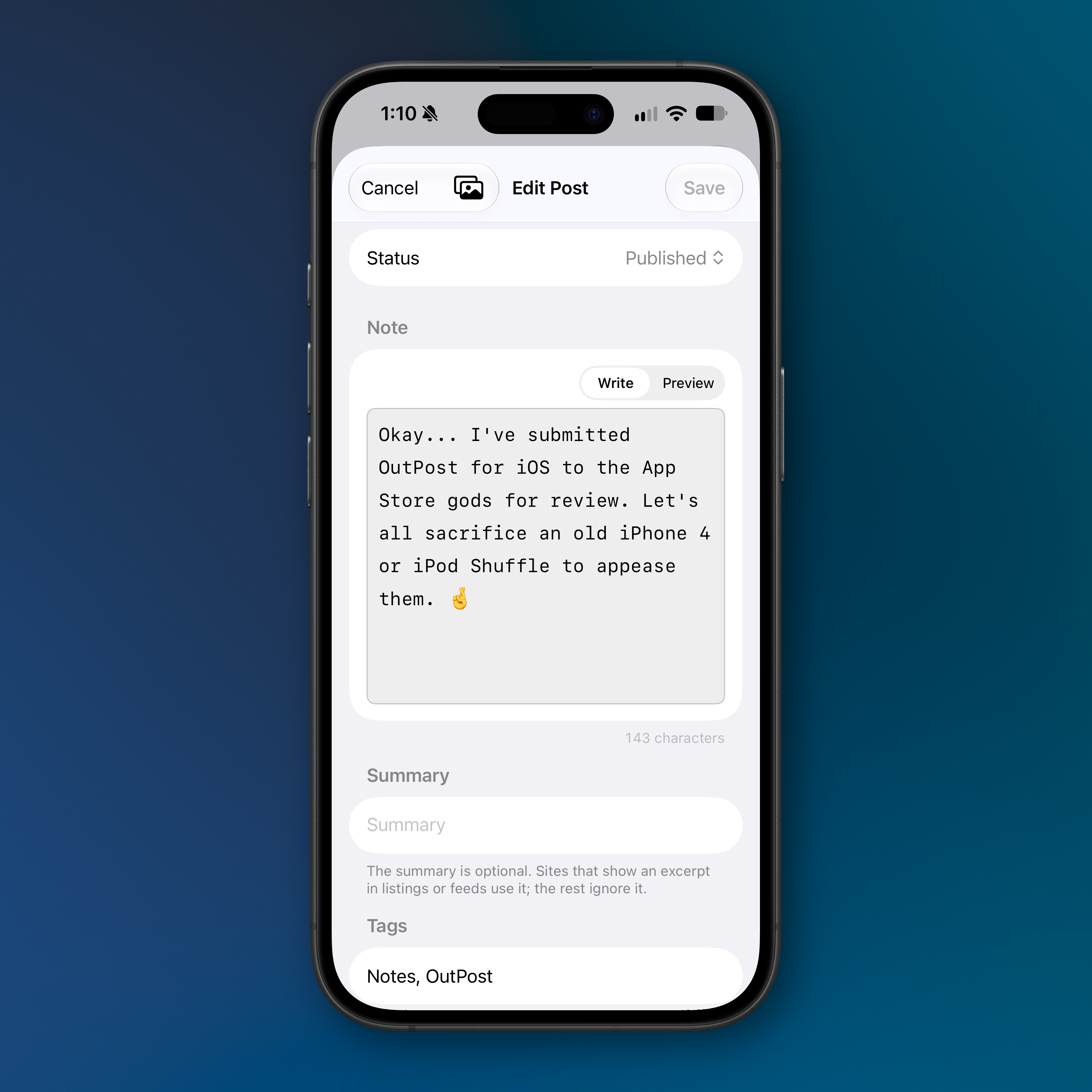 The OutPost for iOS edit screen.