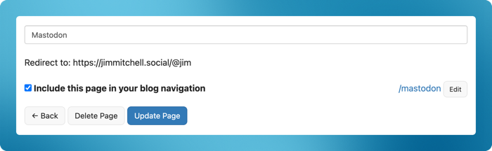 A webpage interface shows options for redirecting to a Mastodon page with a checkbox to include the page in blog navigation.