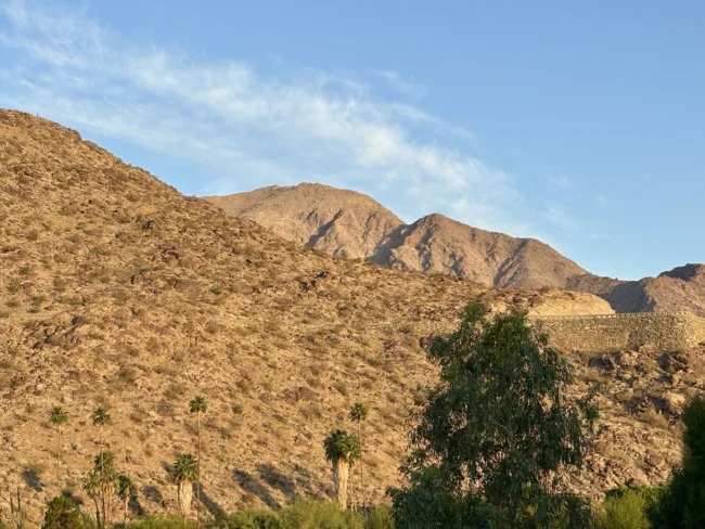 Auto-generated description: A rocky desert landscape with sparse vegetation and a clear blue sky.