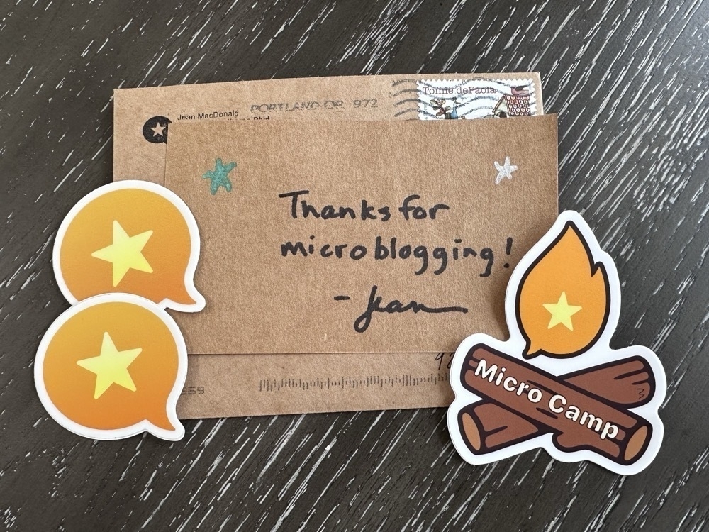 A handwritten thank you card with Micro.blog decals.