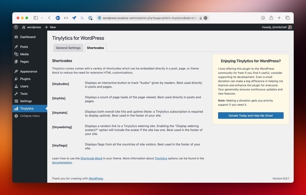 A settings page for the Tinylytics for WordPress plugin is open, showing various options for customization and a donation prompt.