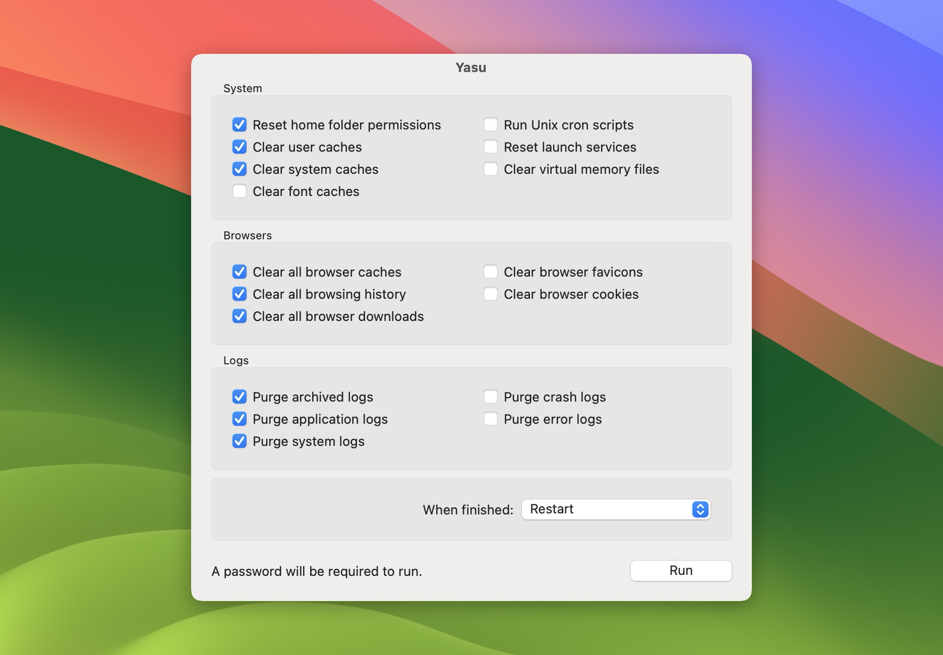 Yasu window displaying options to clear caches, reset permissions, and manage logs on a computer system, with checkboxes for various tasks.